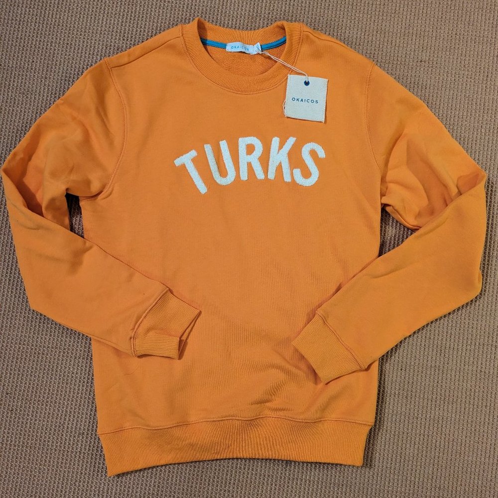 OKAICOS sz S 100% cotton, orange sweatshirt, raised letters, NEW